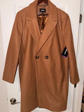 DKNY Men's Camel Brown Double-Breasted Wool Pea Coat